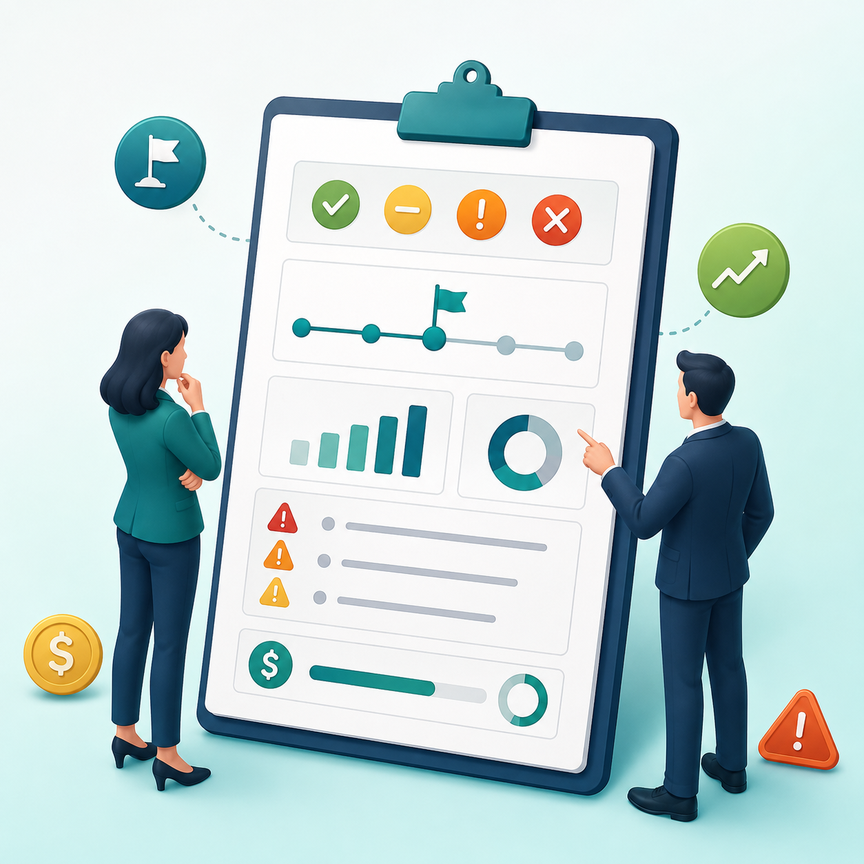 Reviewing a project status report with charts and progress graphs