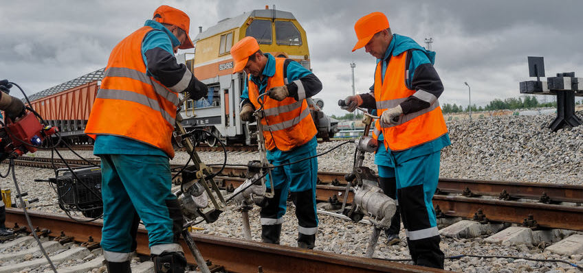 Track laying crew working on a new railway line